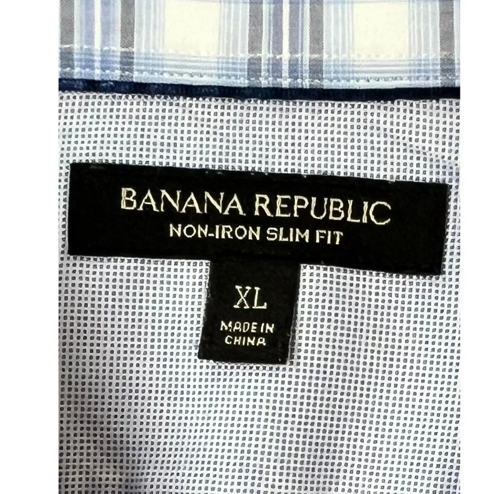 Banana Republic Men XL Blue White Plaid Non-Iron Slim Fit Cotton Button Up Shirt